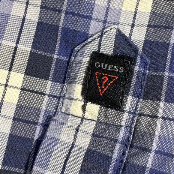 Guess Men Size L Blue White Black Plaid Western Shirt Pearl Snap Buttons No. 81 - Picture 3 of 10